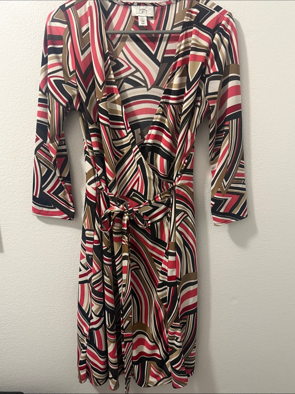 LOFT Multicolor Geometric Wrap Dress - Red, Black, Tan